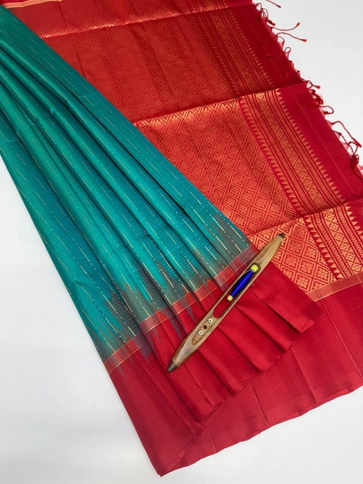 Haritha peacock green color body & red color pallu , blouse - Pure silk saree